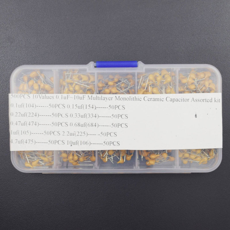 500PCS 10Values 0.1uF~10uF Multilayer Monolithic Ceramic Capacitor Assorted kit with Plastic Box