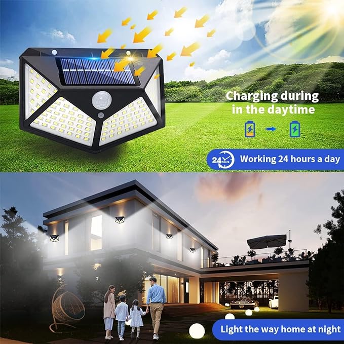 Four-Sided Solar Motion Sensor Light 270 Degree Wide Angle 100 Led IP 65 Waterproof Wall Lamp