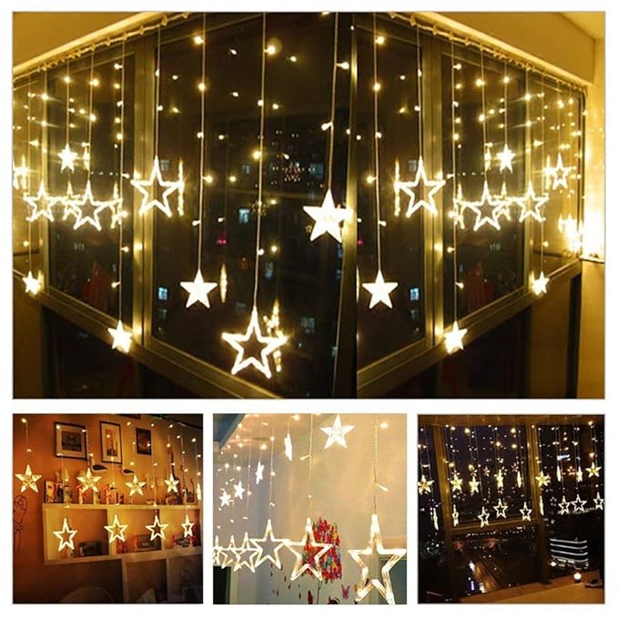 6 Large &6 Small Stars 138 Led Curtain String Lights Window Curtain Lights Warm White