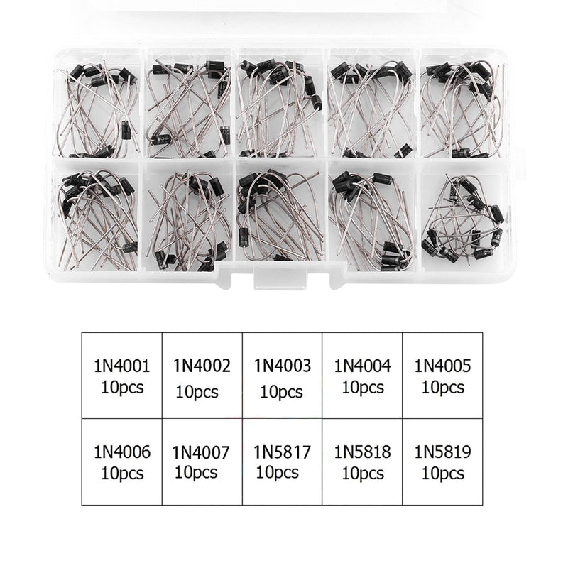 100Pcs 10Value 1N4001, 1N4002, 1N4003, 1N4004, 1N4005, 1N4006, 1N4007, 1N5817, 1N5818, 1N5819 Assorted Diode Kit Set Diode Assortment Kit