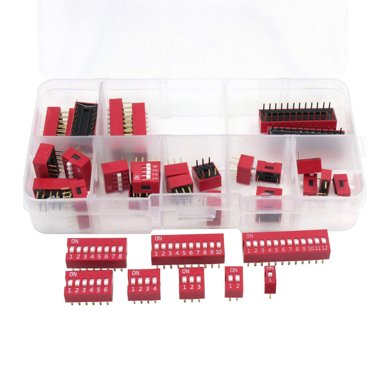 Double Row DIP Switch Assortment Kit 1, 2, 3, 4, 6, 8, 10, 12 Positions 2.54mm Pitch 35 Pieces Assorted DIP Switch Kit