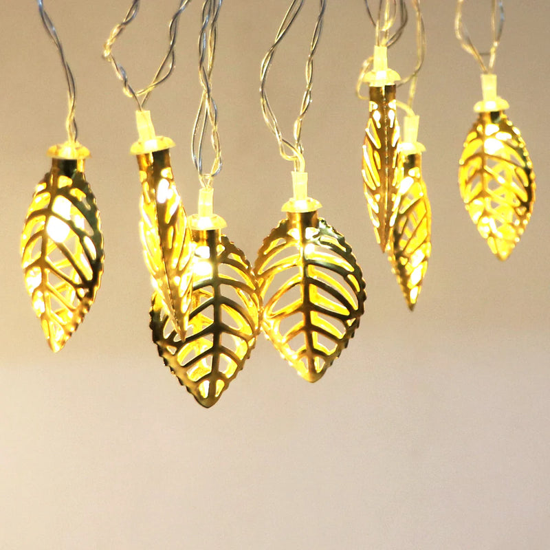 Diwali Warm White Metal Leaf 10 LED Golden String Lights