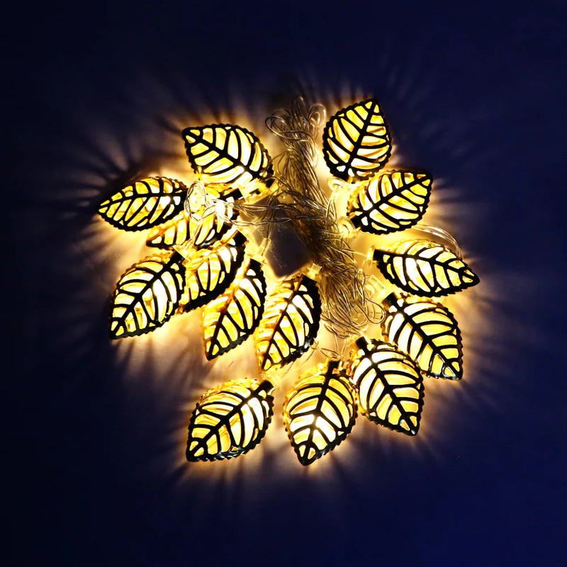 Diwali Warm White Metal Leaf 10 LED Golden String Lights