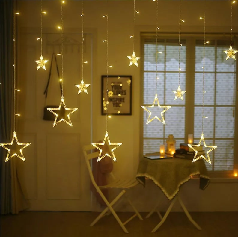 6 Large &6 Small Stars 138 Led Curtain String Lights Window Curtain Lights Warm White