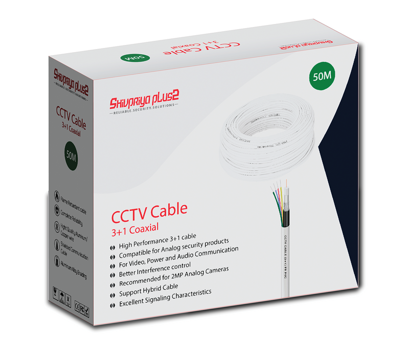 Coaxial Pure Copper 3+1 CCTV White Cable 50 Meter